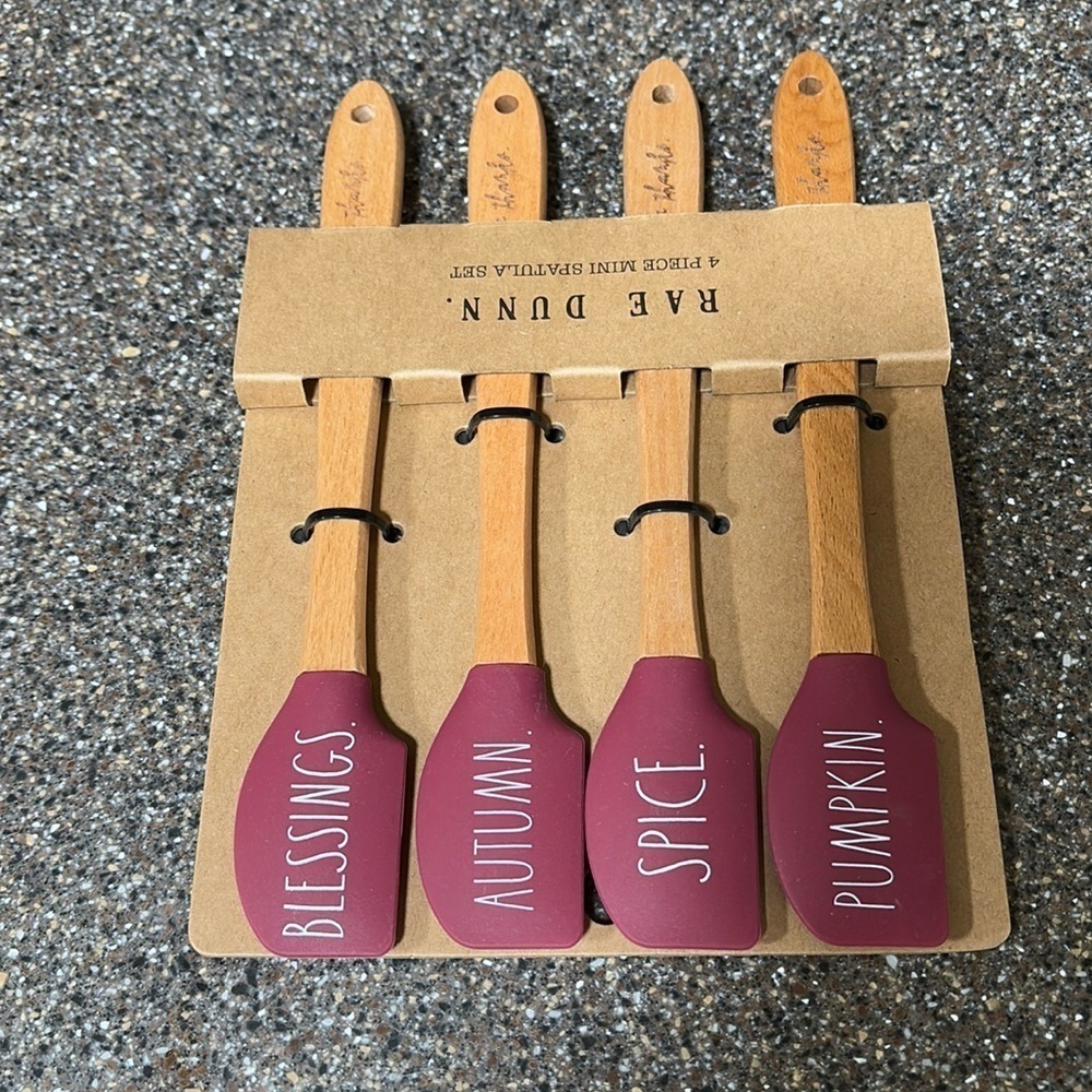 NEW RAE DUNN FALL MINI SILICONE SPATULAS W/ WOODEN HANDLES SET OF 4